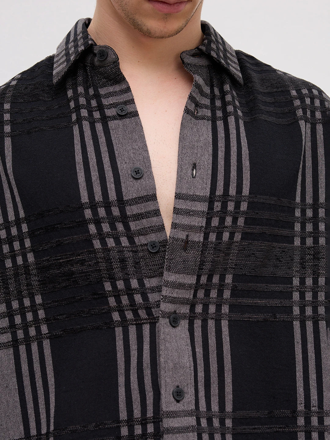 Grey & Black Raised Plaid Checks Cuffless Oversized Crop Shirt
