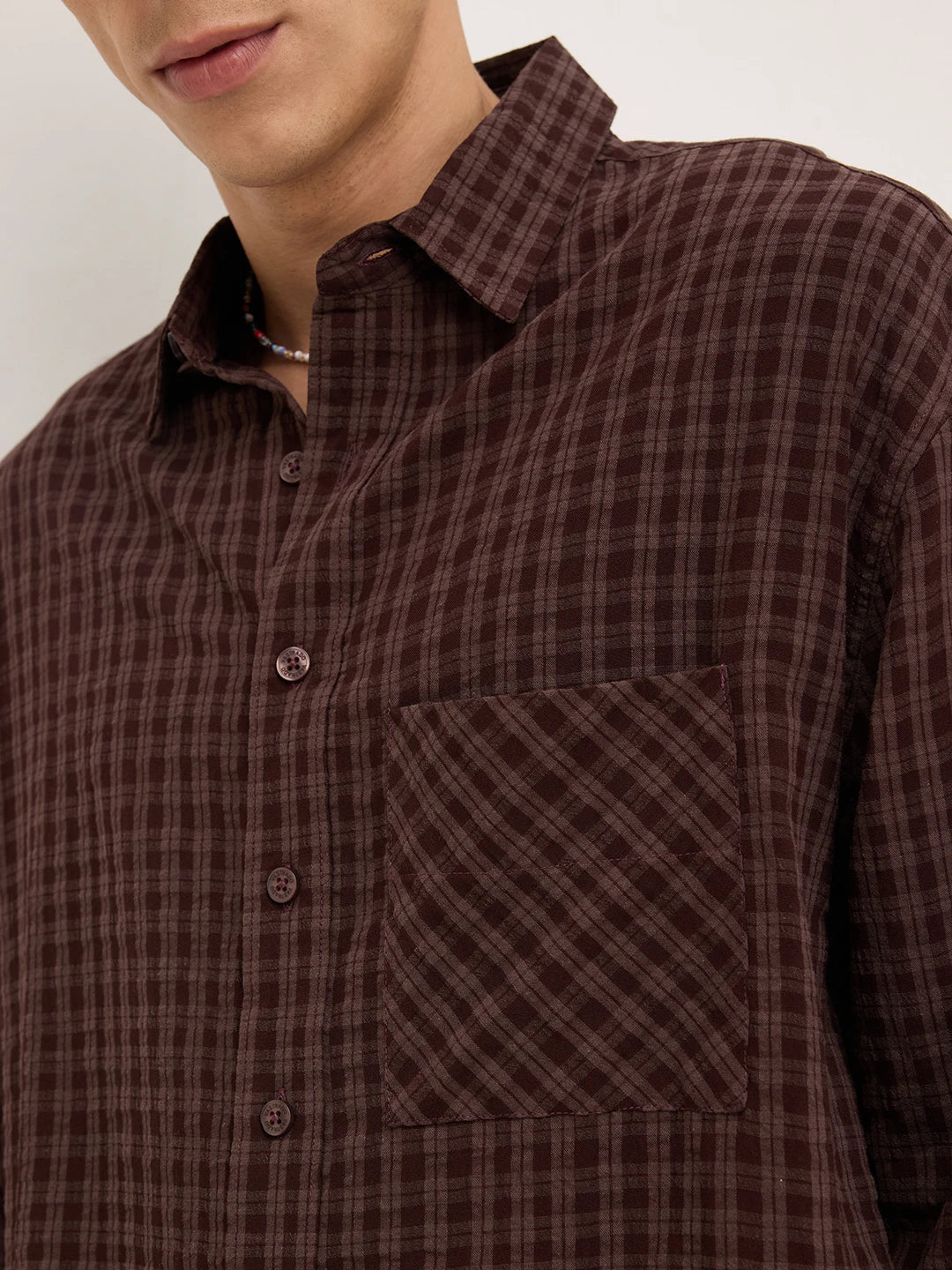 Warm Espresso Windowpane Checks Boxy Fit Crop Shirt