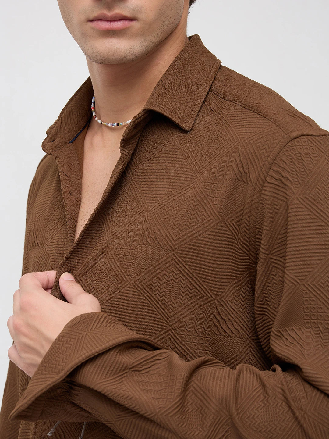 Refined Brown Maze Textured Knitted Shirt