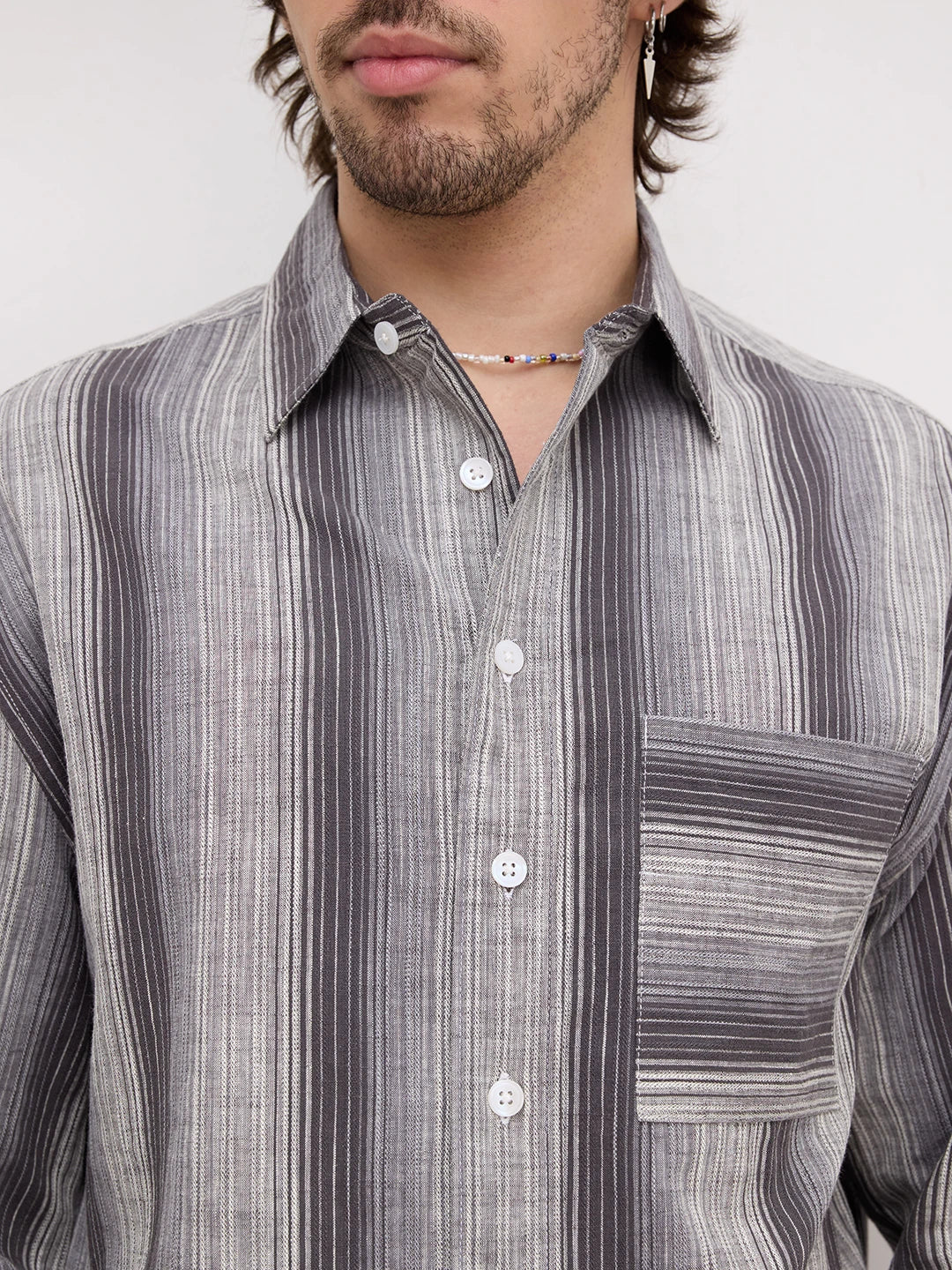 Grey Spectrum Microline Vertical Loom Boxy Fit Crop Shirt