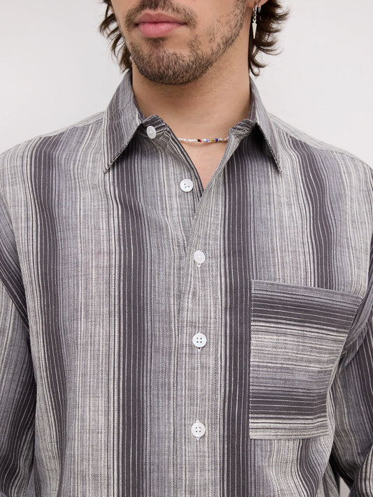 Grey Spectrum Microline Vertical Loom Boxy Fit Crop Shirt