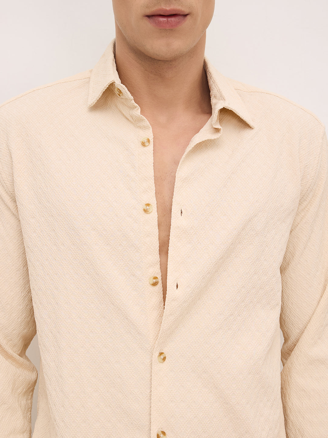 Oyster Cream Geometric Textured Shirt