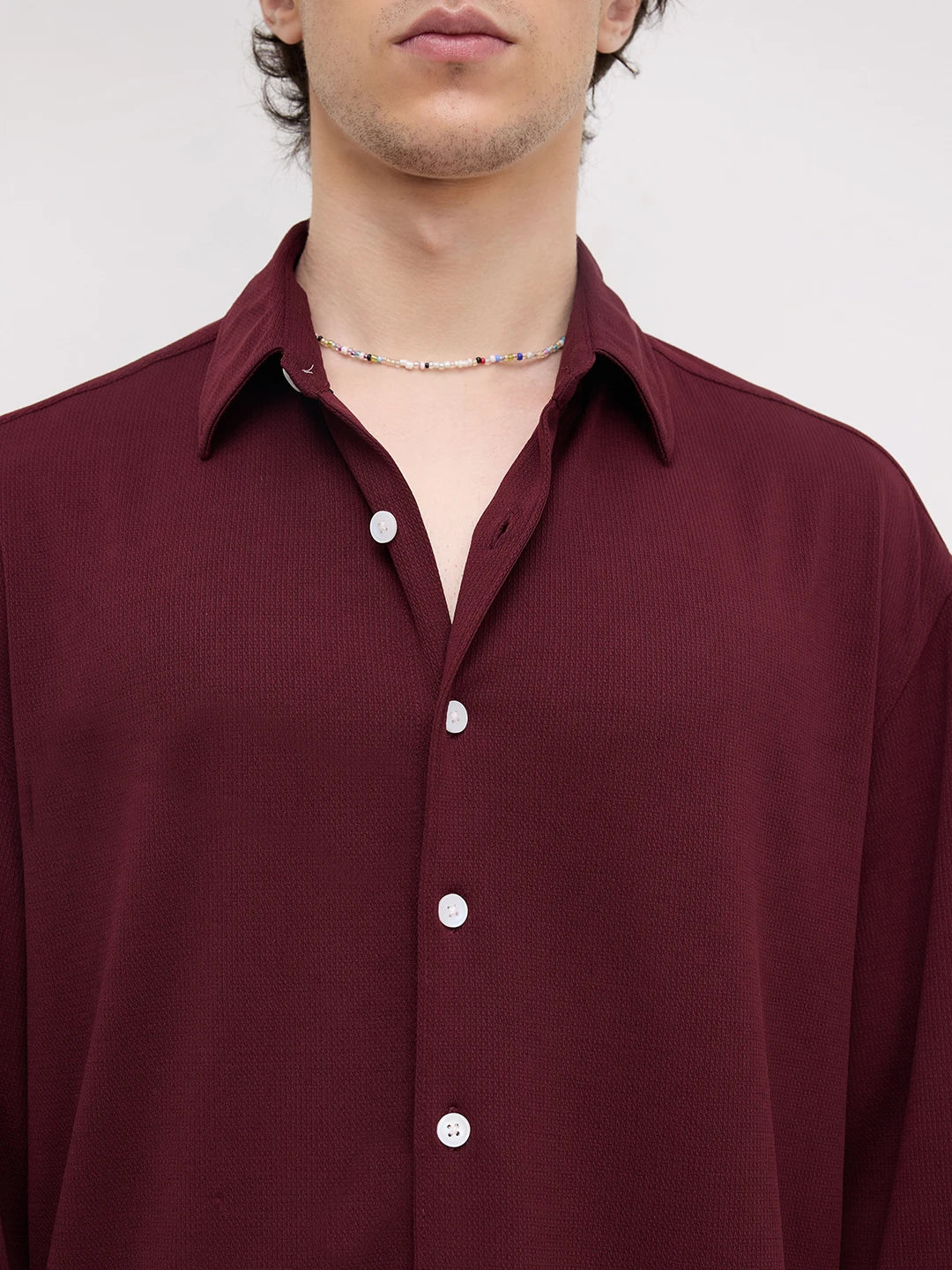 Rich Maroon Fine Textured Knitted Boxy Fit Crop Shirt