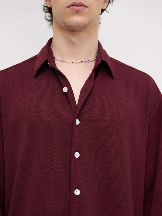 Rich Maroon Fine Textured Knitted Boxy Fit Crop Shirt