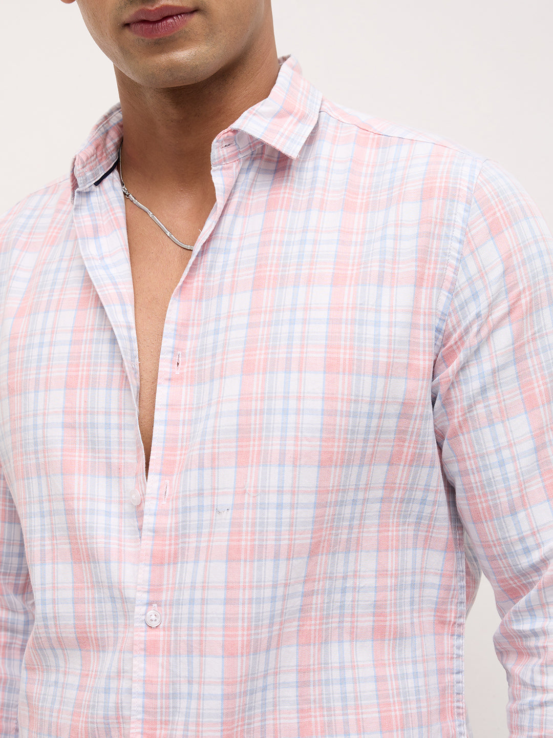 Soft Peach & Blue Pastel Grid Checks Shirt