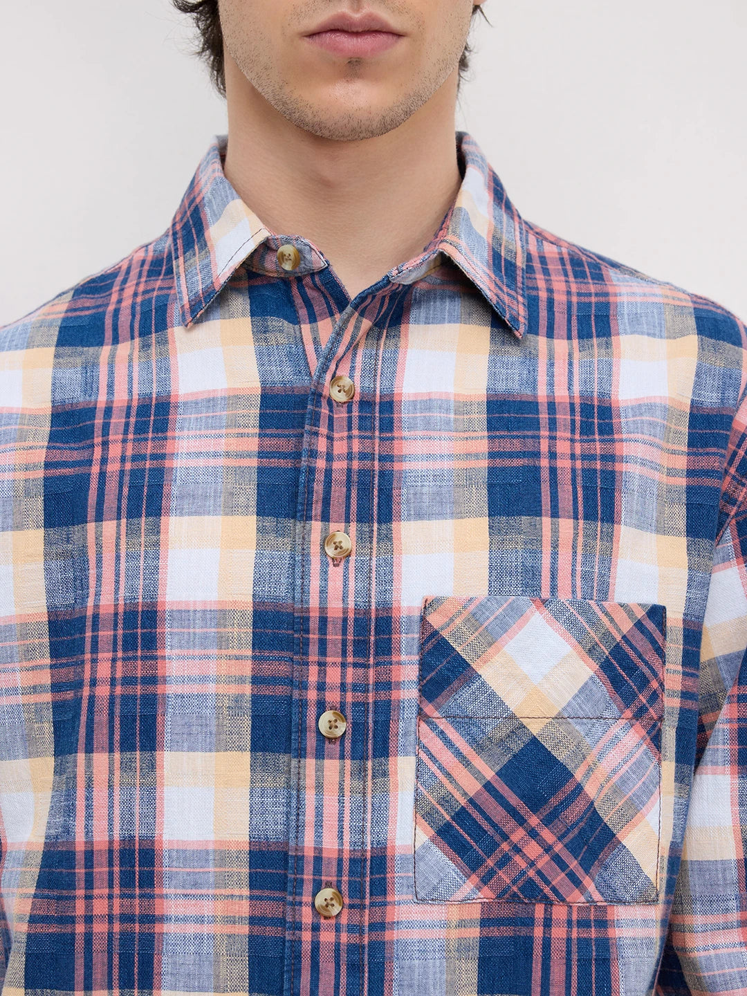 Luxe Denim Coral Pink Plaid Checks Boxy Fit Crop Shirt