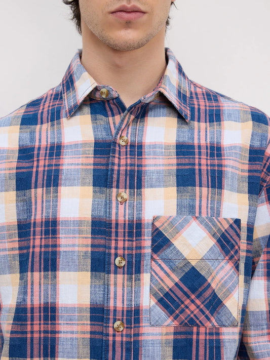 Luxe Denim Coral Pink Plaid Checks Boxy Fit Crop Shirt