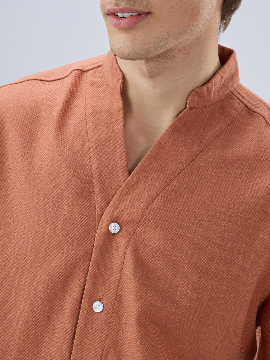 Soft Cider Orange Diagonal Textured Stand Collar Oversized Shirt
