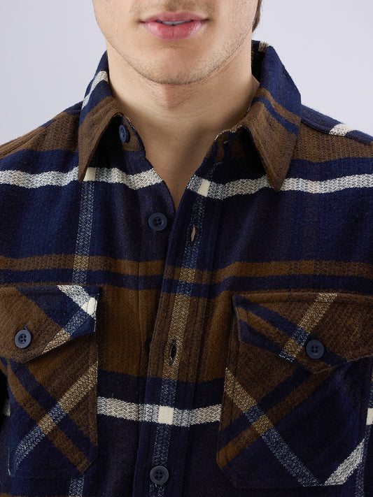 Walnut Brown & Navy Plaid Checks Double Pocket Flannel Shirt