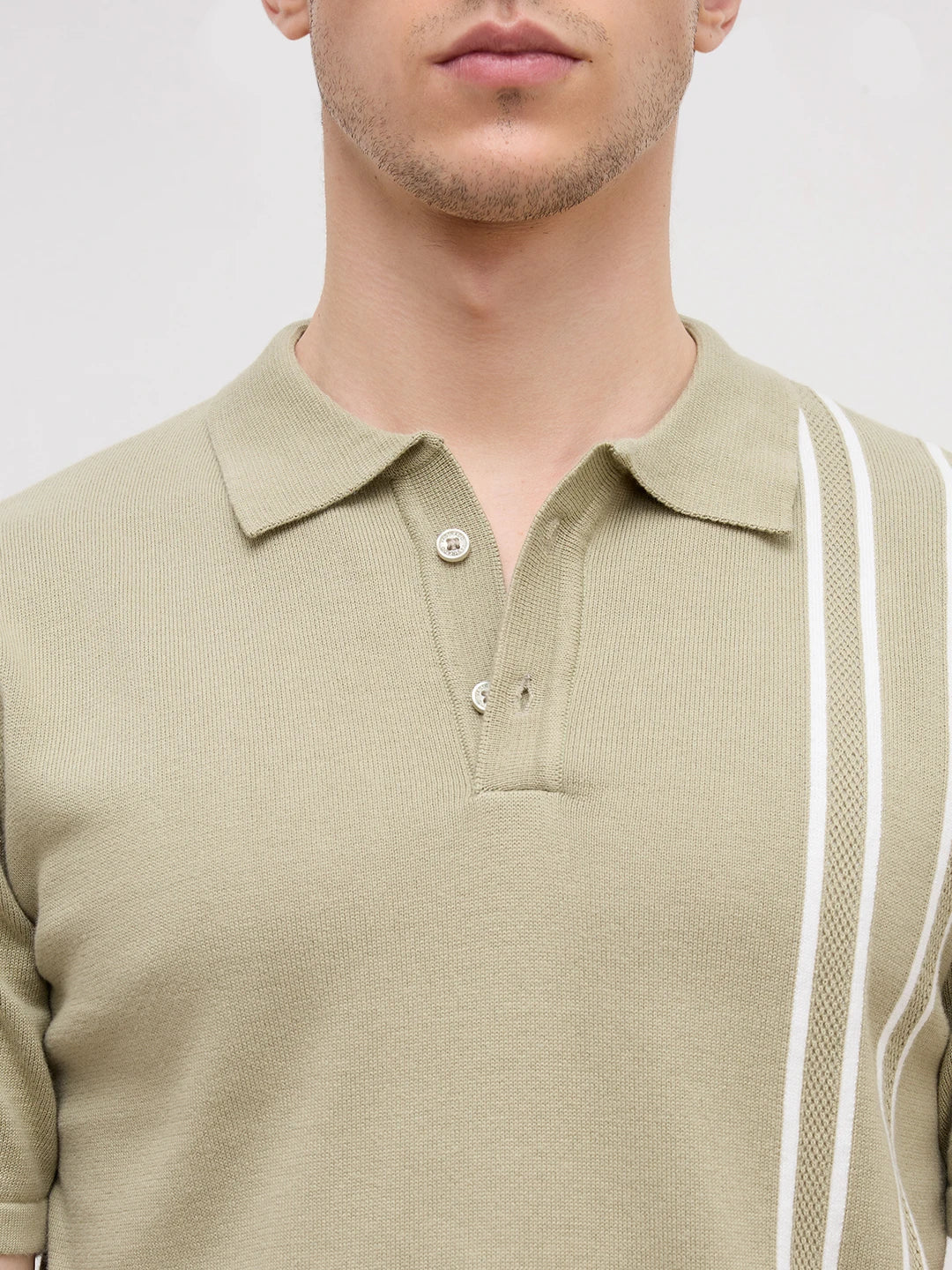 Sage Green Panel Striped Flat Knit Polo T-Shirt