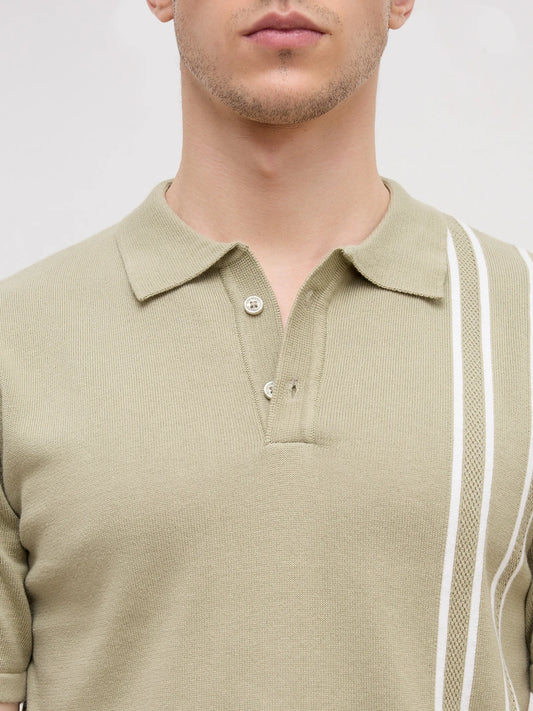 Sage Green Panel Striped Flat Knit Polo T-Shirt