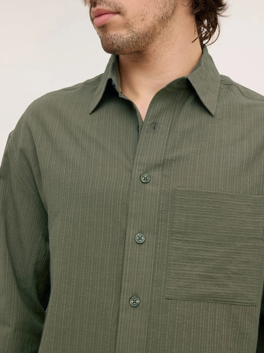 Olive Fine Striped Textured Boxy Fit Crop Shirt