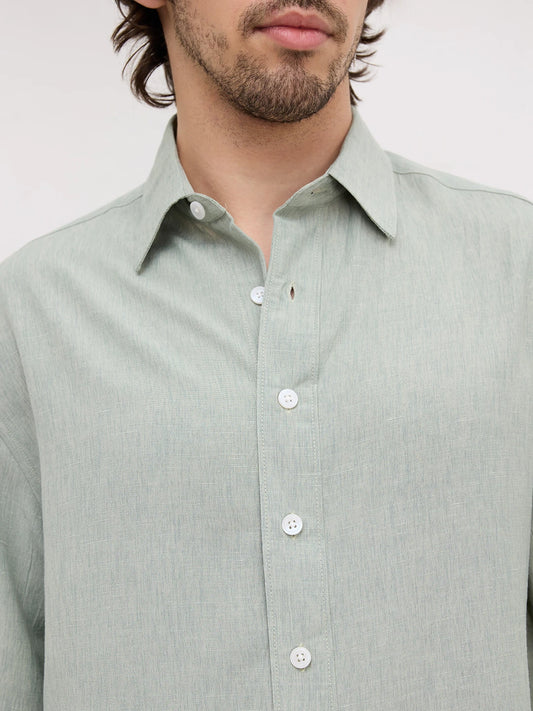 Serene Sage Green Finegrain Weave Boxy Fit Crop Shirt
