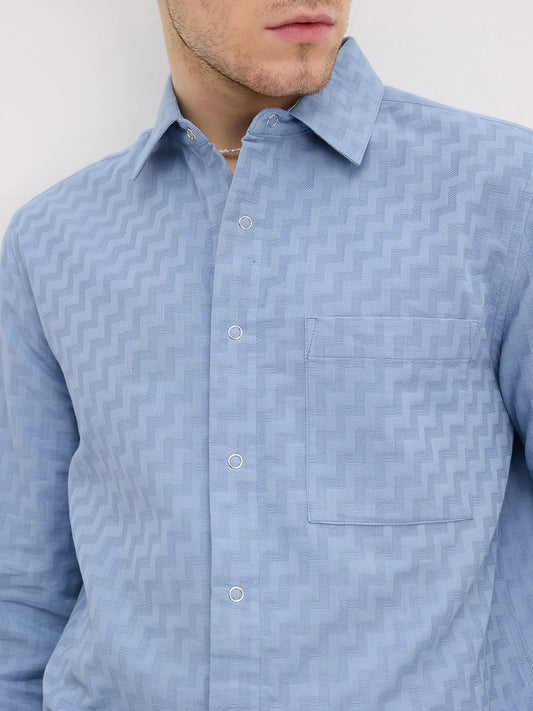 Elevated Blue Maze Textured Straight Hem Crop Shirt