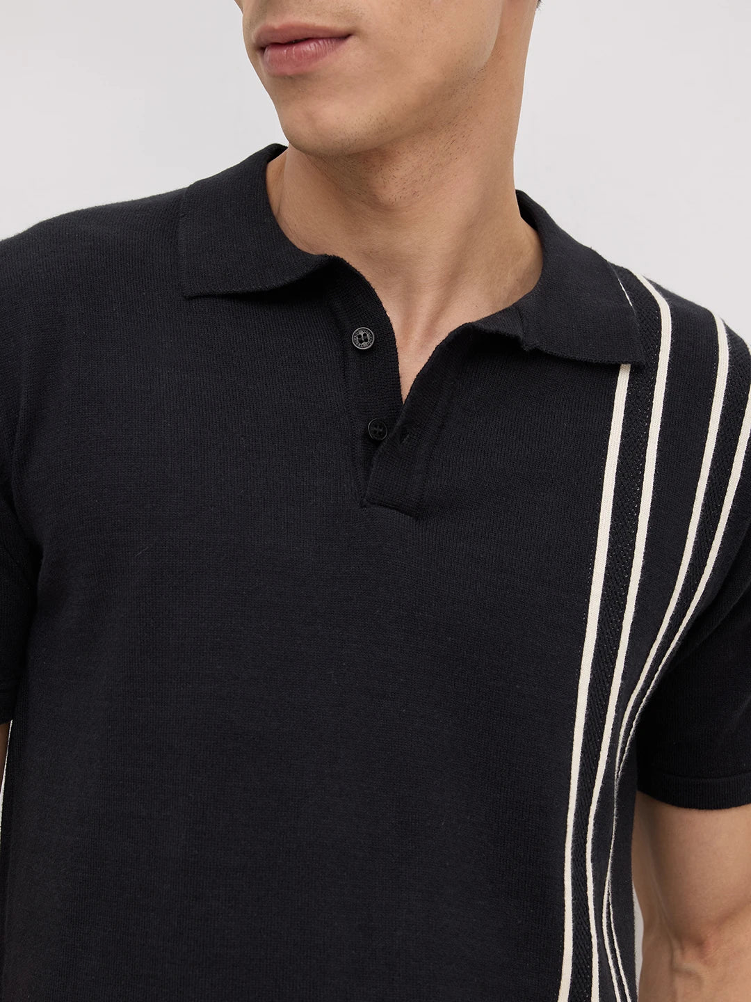 Black Contrast Vertical Striped Flat Knit Polo T-Shirt