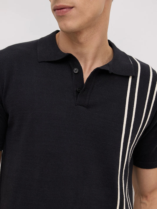 Black Contrast Vertical Striped Flat Knit Polo T-Shirt