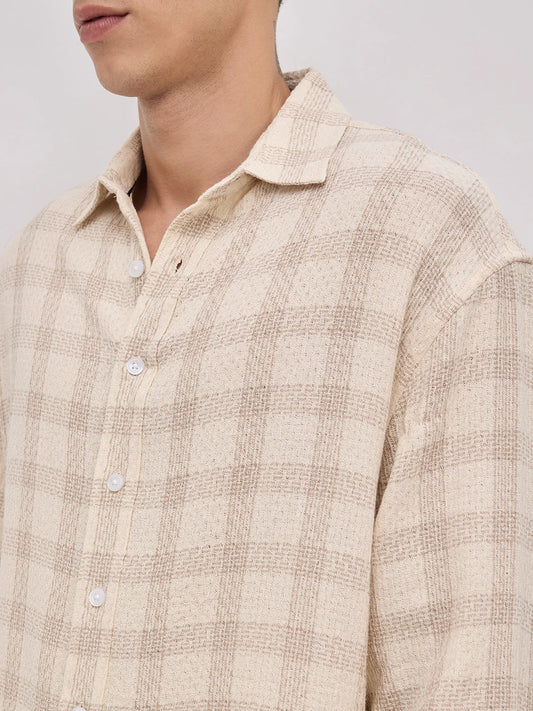 Sand Beige Honeycomb Grid Weave Boxy Fit Crop Shirt