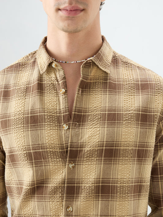 Brown Seersucker Checkered Shirt