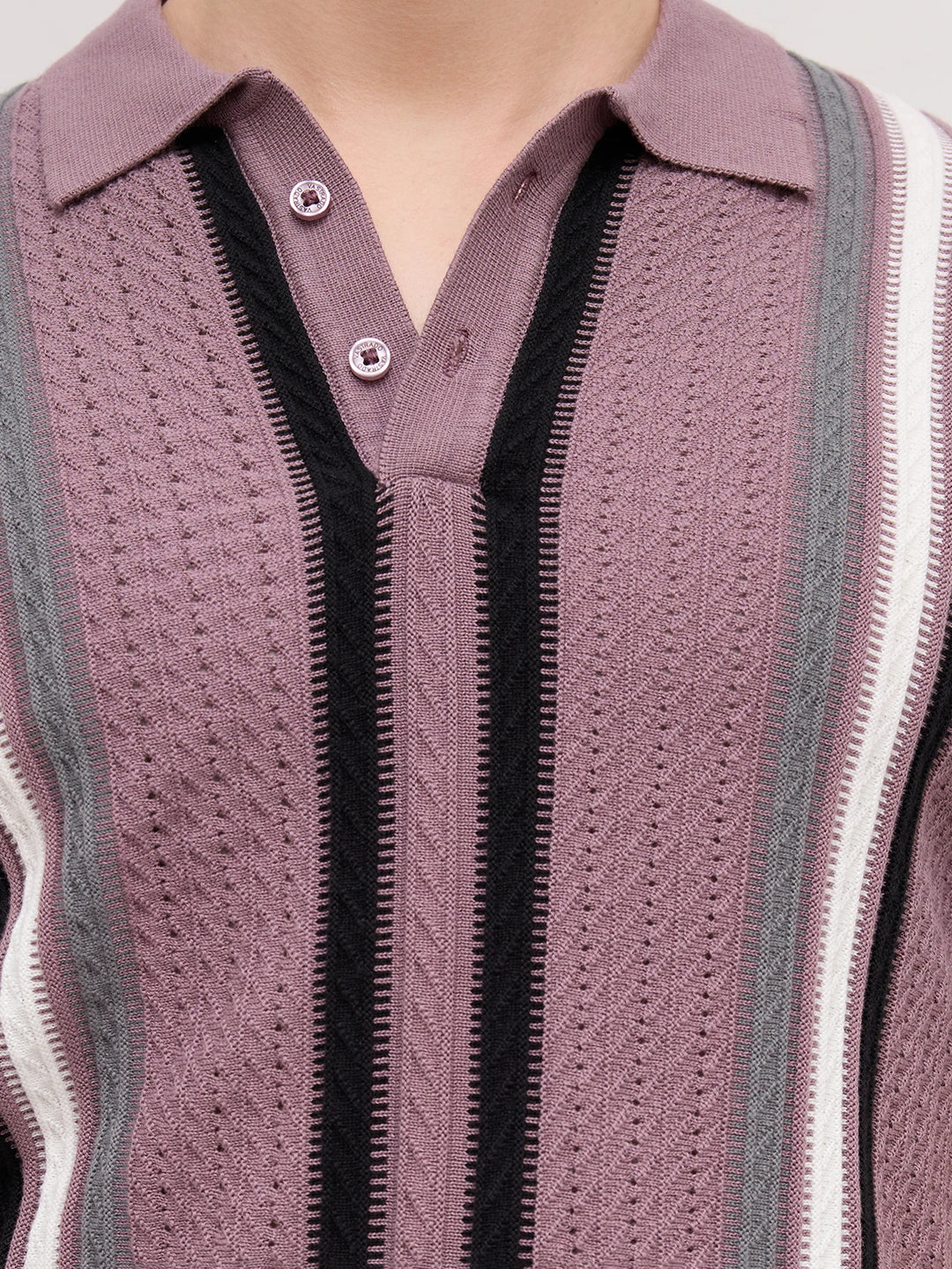 Mauve Ladder Striped Zip Flat Knit Polo T-Shirt
