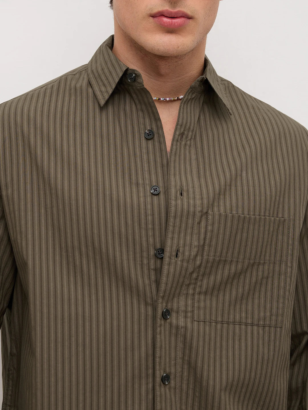 Olive Sheer Striped Boxy Fit Crop Shirt