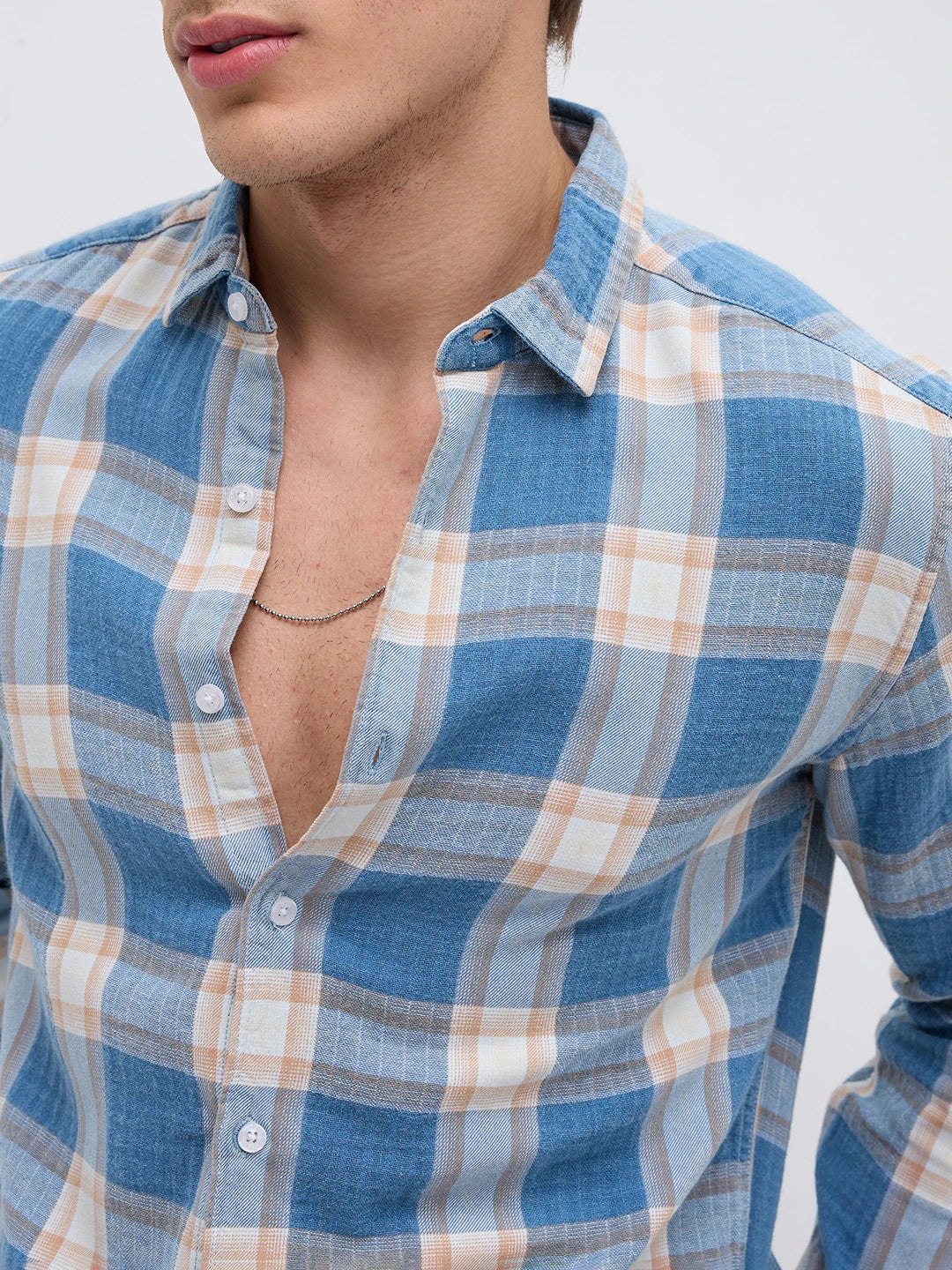 Denim Blue & Beige Tartan Checked Shirt