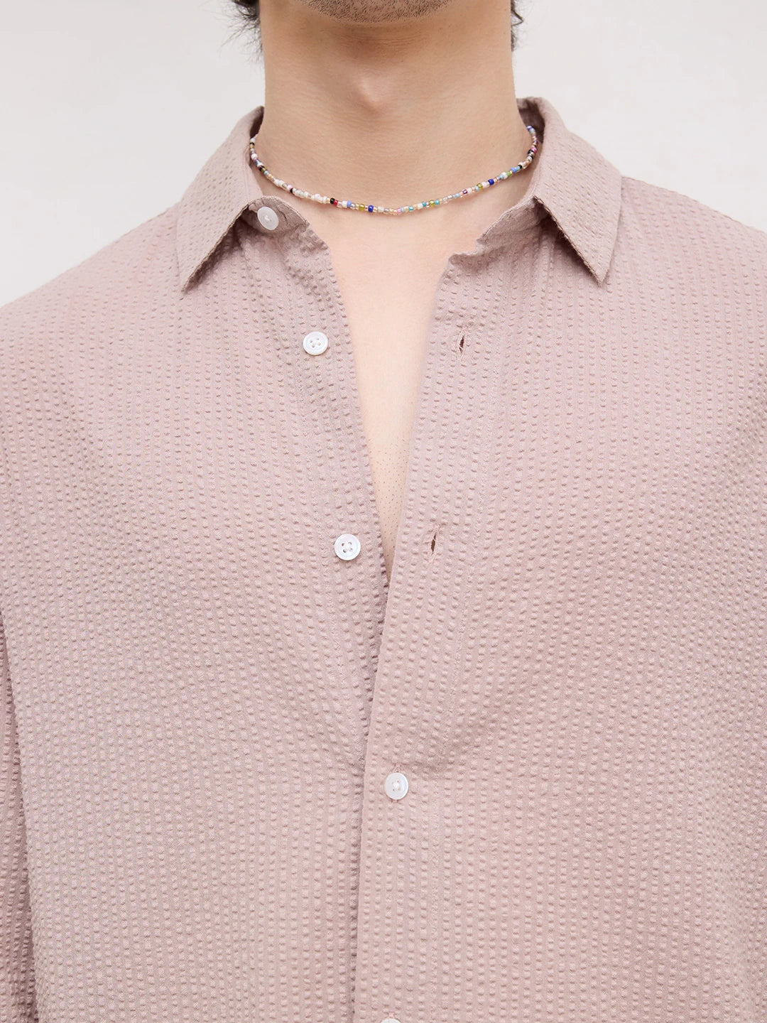 French Beige Seersucker Cuffless Oversized Crop Shirt