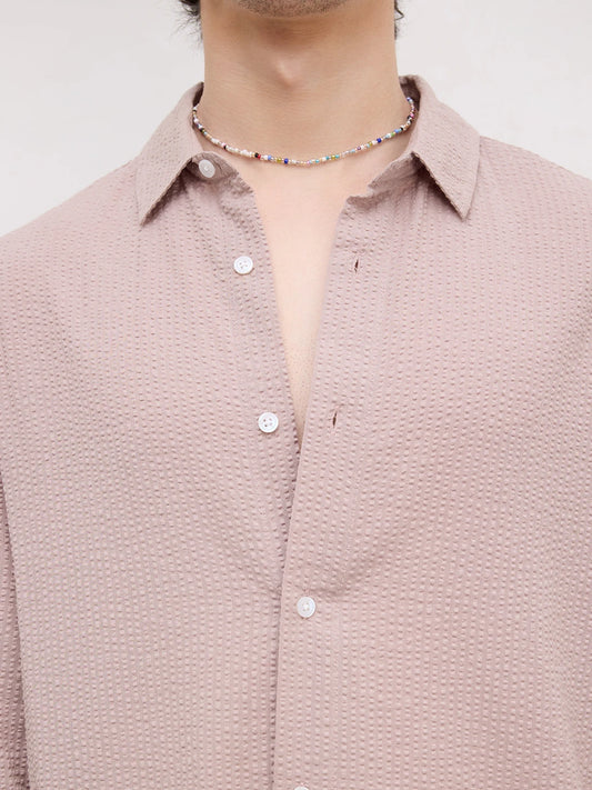 French Beige Seersucker Cuffless Oversized Crop Shirt