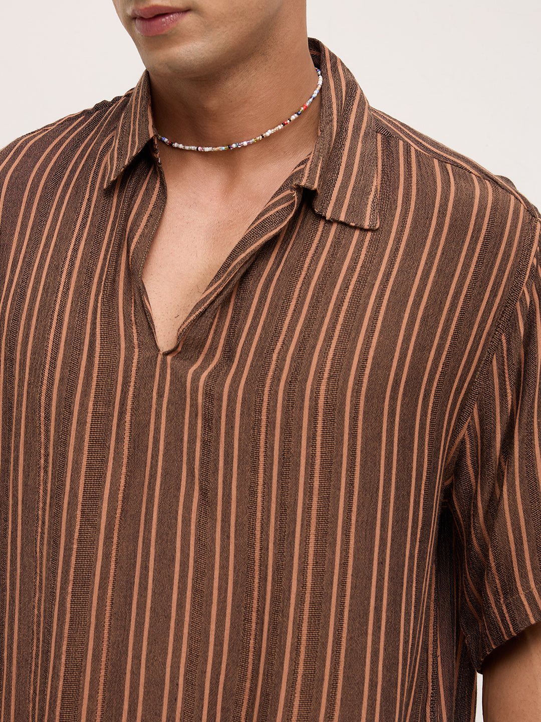 Brown Dobby Striped Oversized Polo Shirt