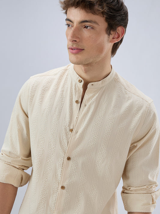 Bisque Beige Seersucker Striped Mandarin Shirt