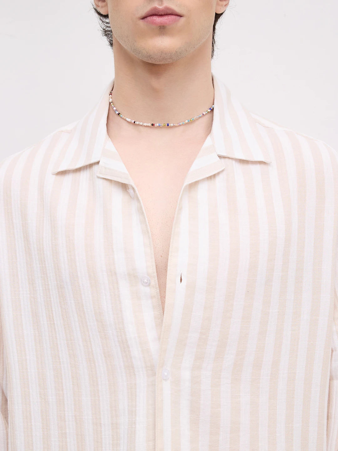 Bisque Beige Candy Striped Notch Collar Oversized Shirt