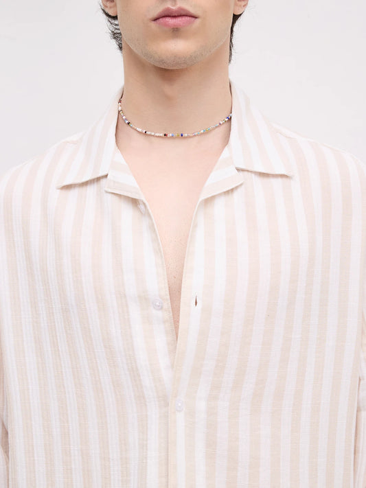 Bisque Beige Candy Striped Notch Collar Oversized Shirt