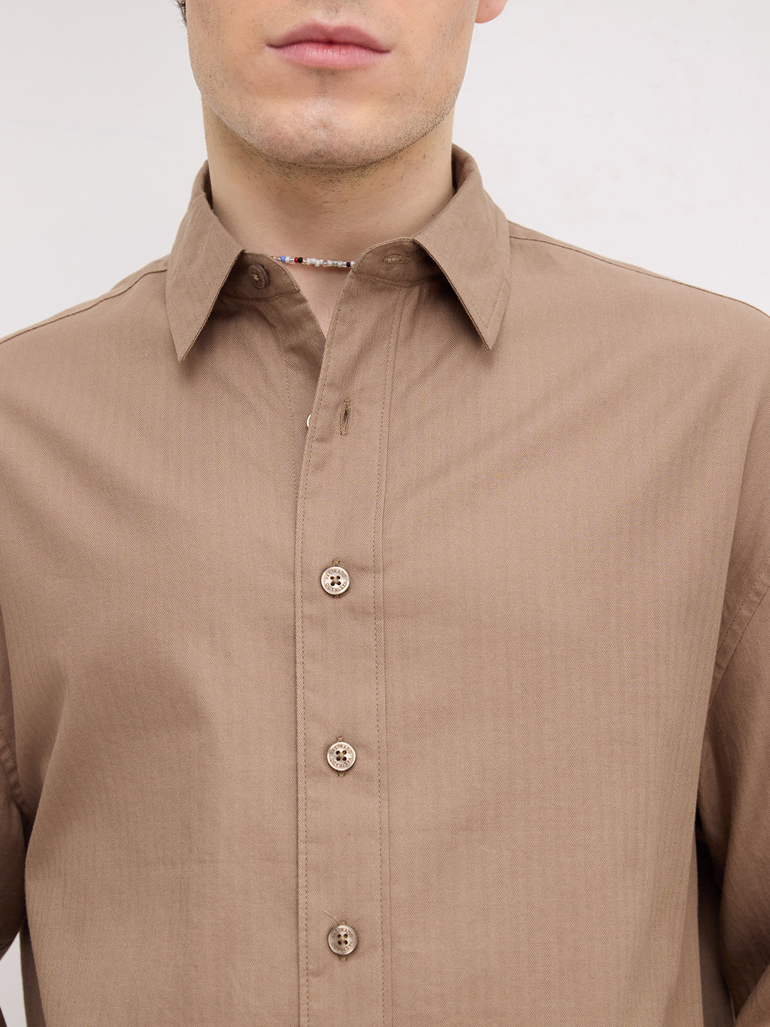 Deep Khaki Herringbone Textured Boxy Fit Crop Shirt