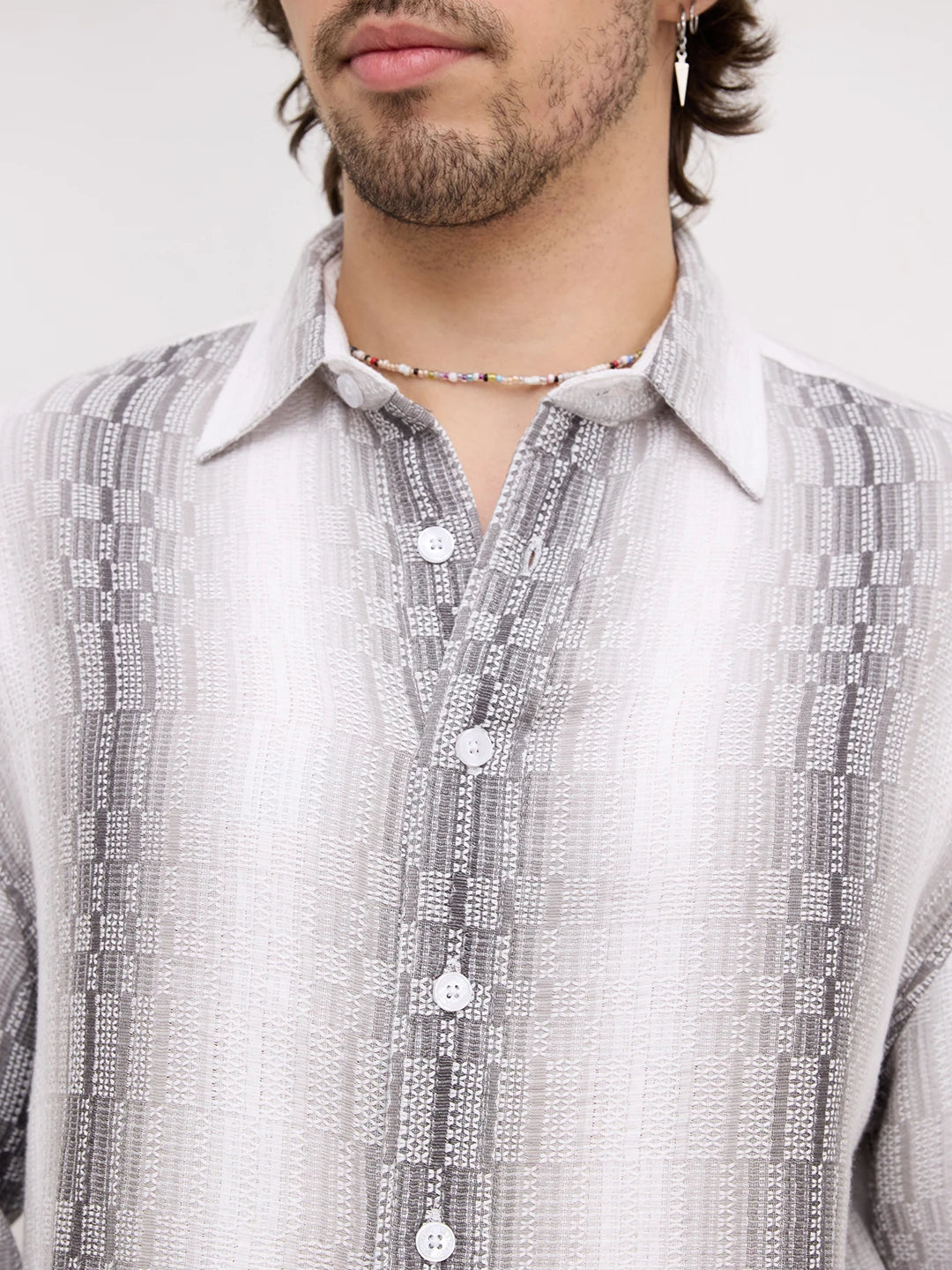 Monochrome Shadow Interlock Loom Striped Boxy Fit Crop Shirt