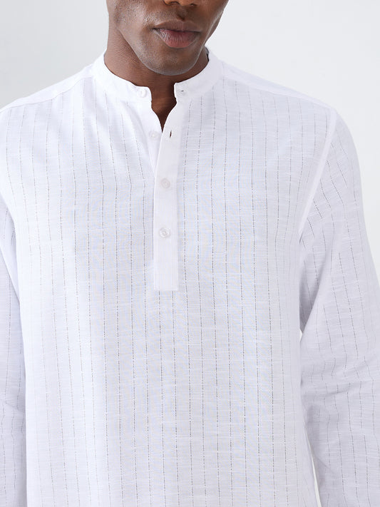 Pearl White Ladder Striped Subtle Textured Kurta