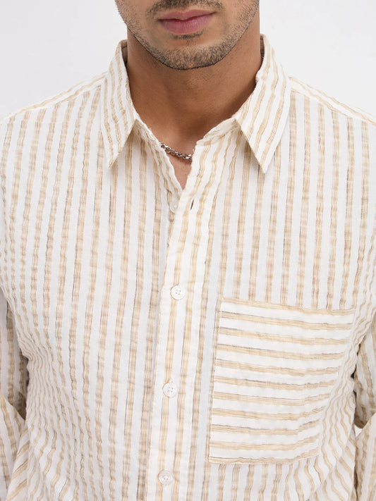 Beige & Ivory Seersucker Candy Striped Boxy Fit Crop Shirt