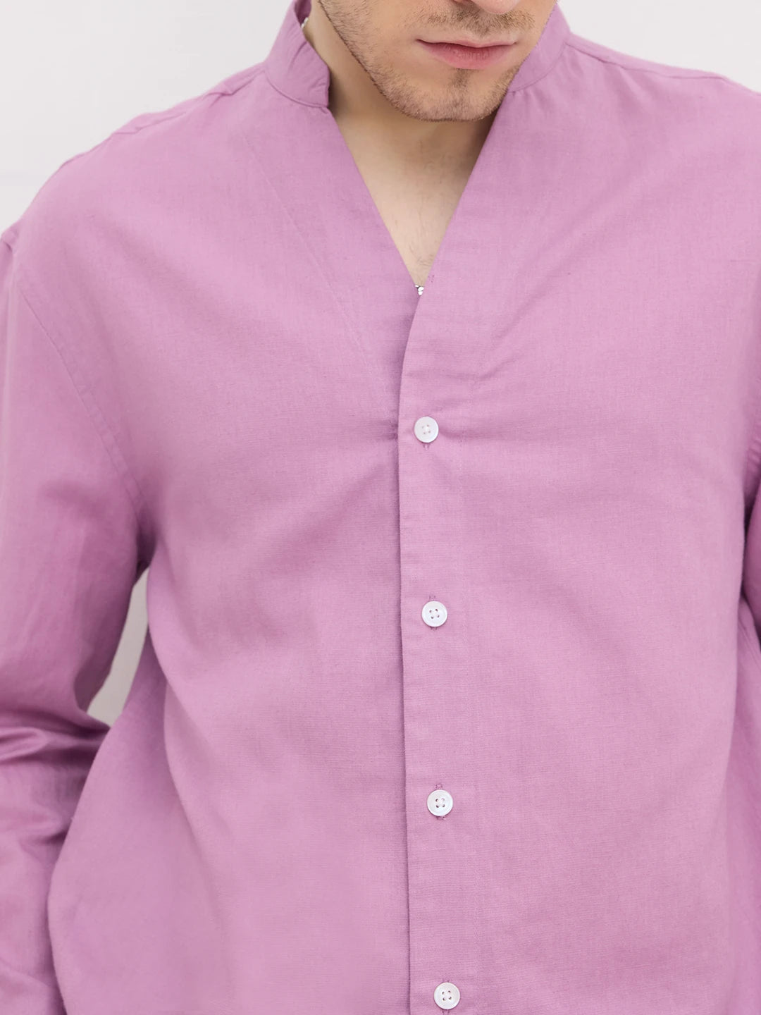 Rich Lilac Linen Blend Stand Collar Oversized Shirt