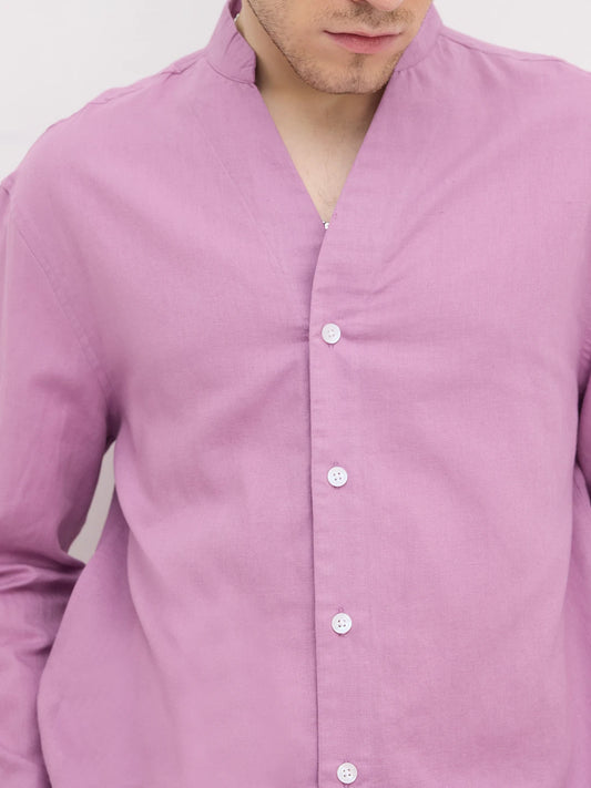 Rich Lilac Linen Blend Stand Collar Oversized Shirt