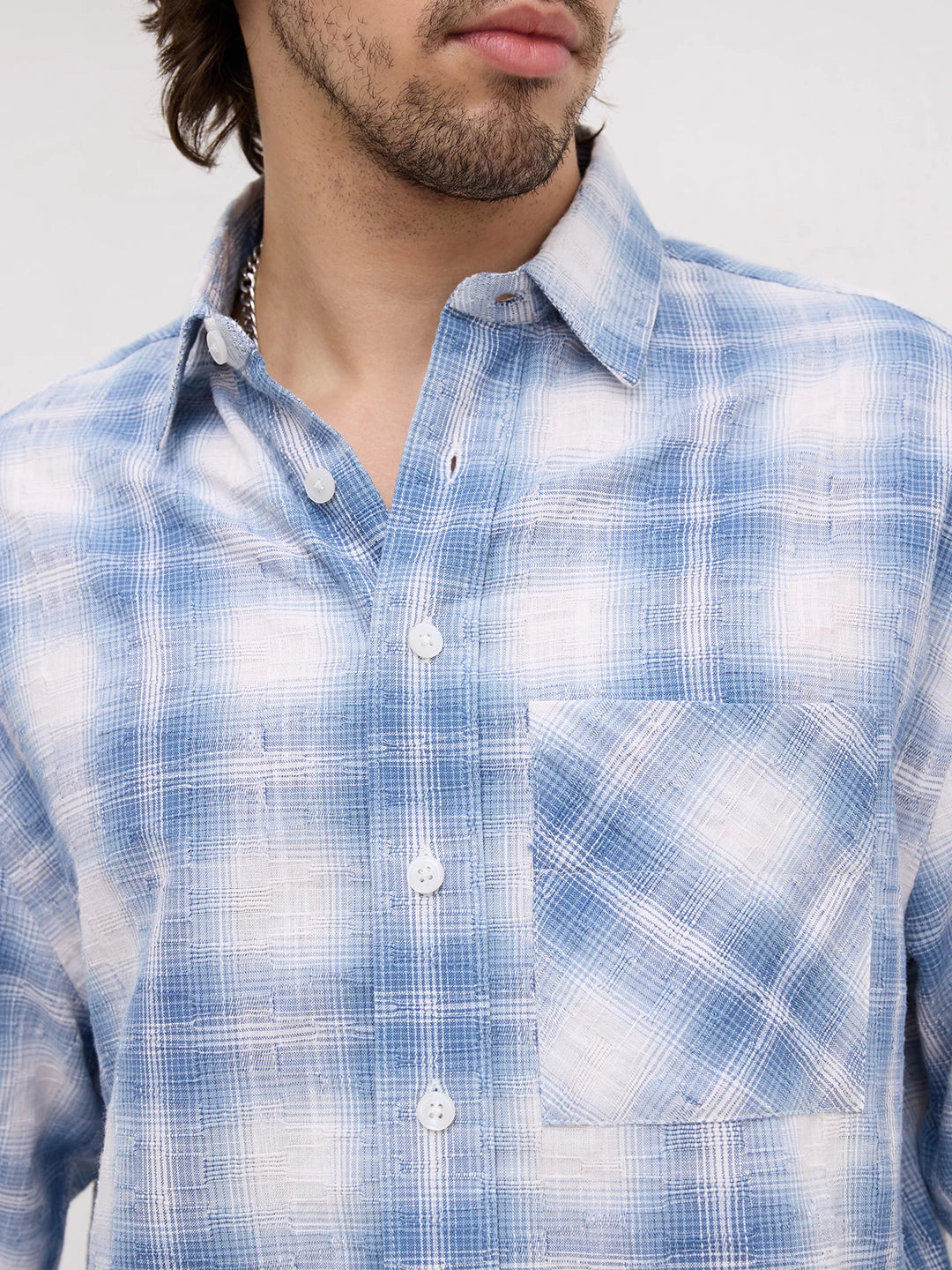 Blue Shadow Checks Handloom Effect Boxy Fit Crop Shirt