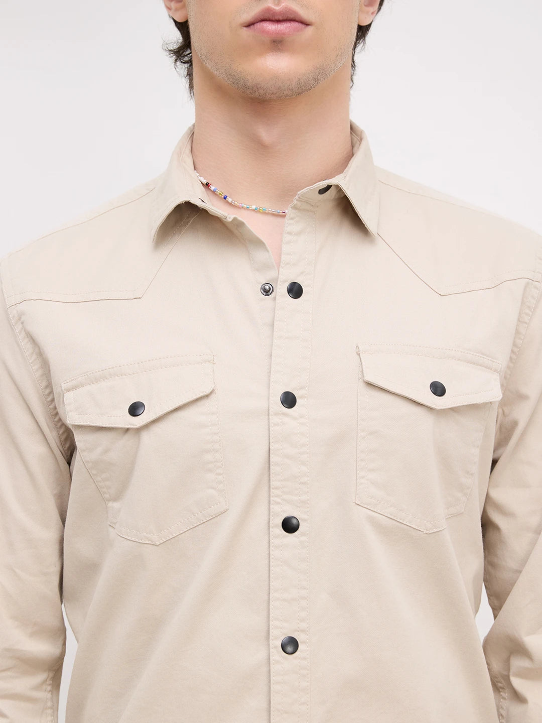 Stone Beige Contrast Stitch Twin Pocket Shirt