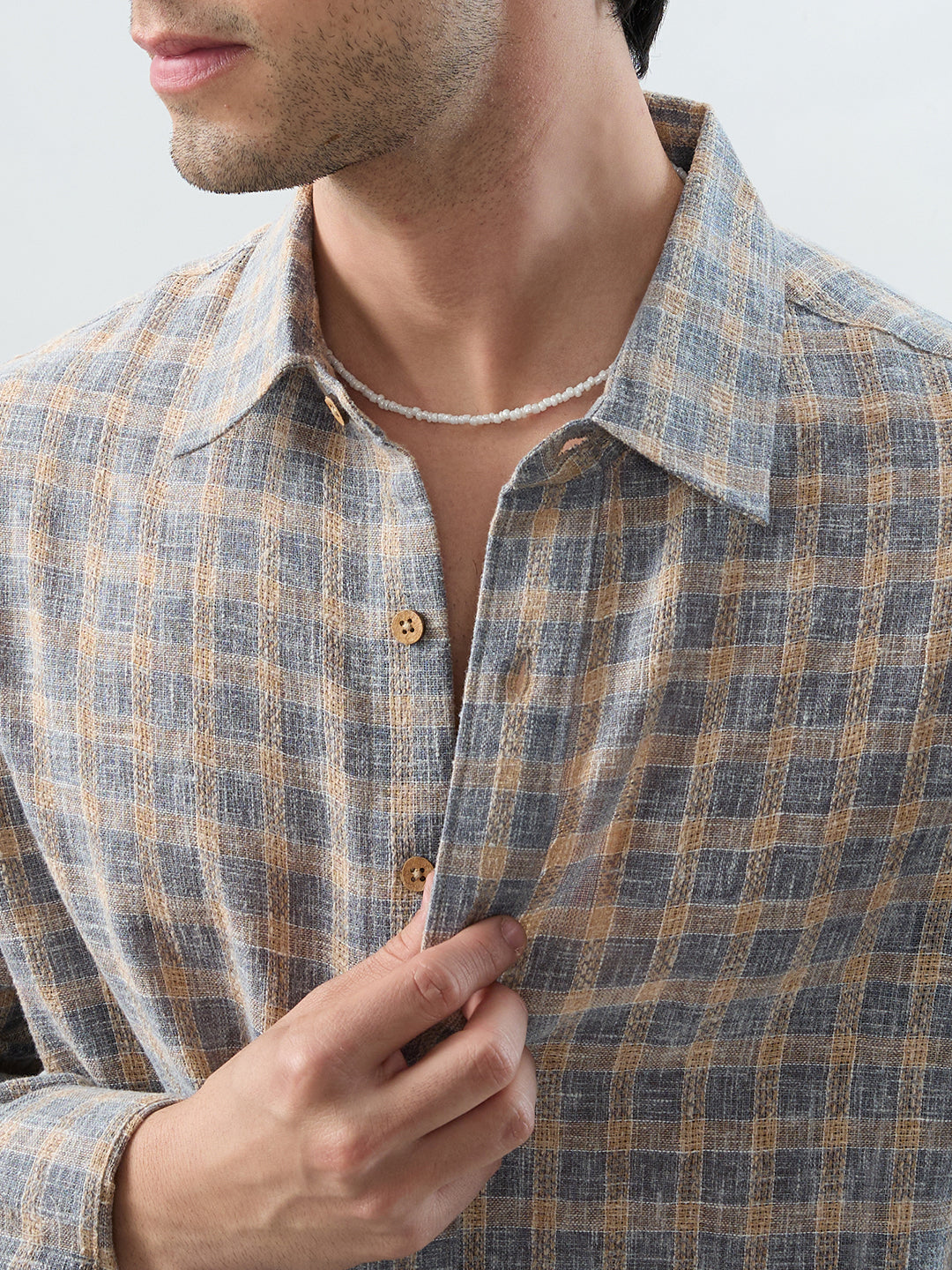 Fossil Grey Window Checks Linen Blend Boxy Fit Crop Shirt