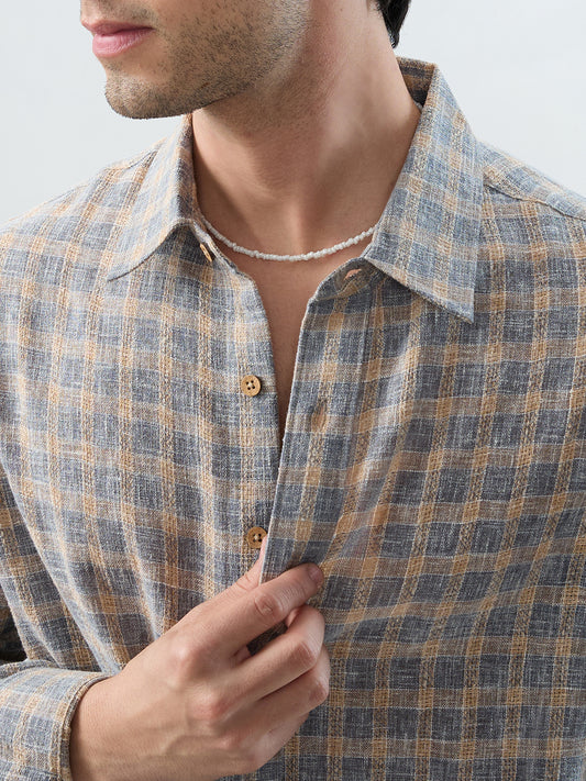 Fossil Grey Window Checks Linen Blend Boxy Fit Crop Shirt