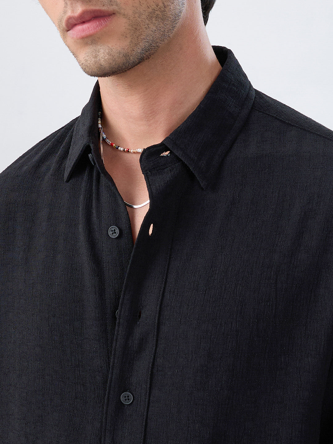 Timeless Black Subtle Textured Boxy Fit Crop Shirt