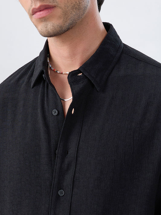 Timeless Black Subtle Textured Boxy Fit Crop Shirt