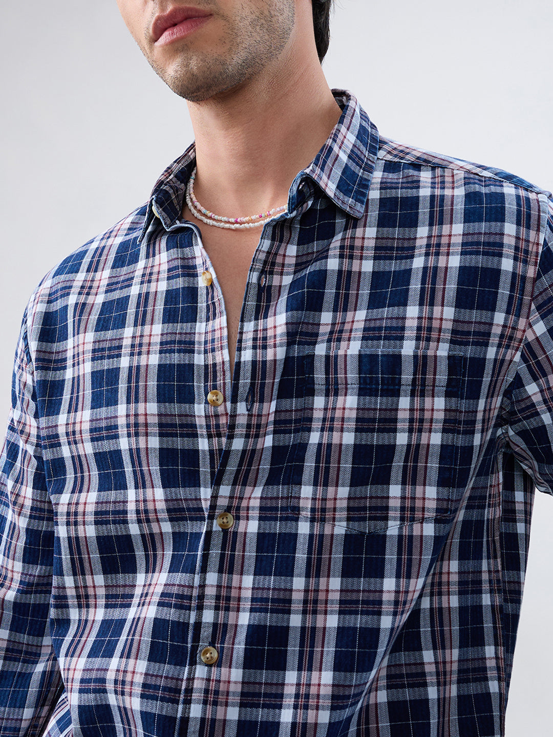 Denim White & Navy Herringbone Plaid Checks Shirt