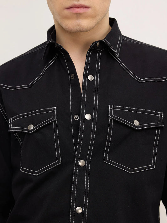 Nightfall Black Contrast Stitch Twin Pocket Overshirt