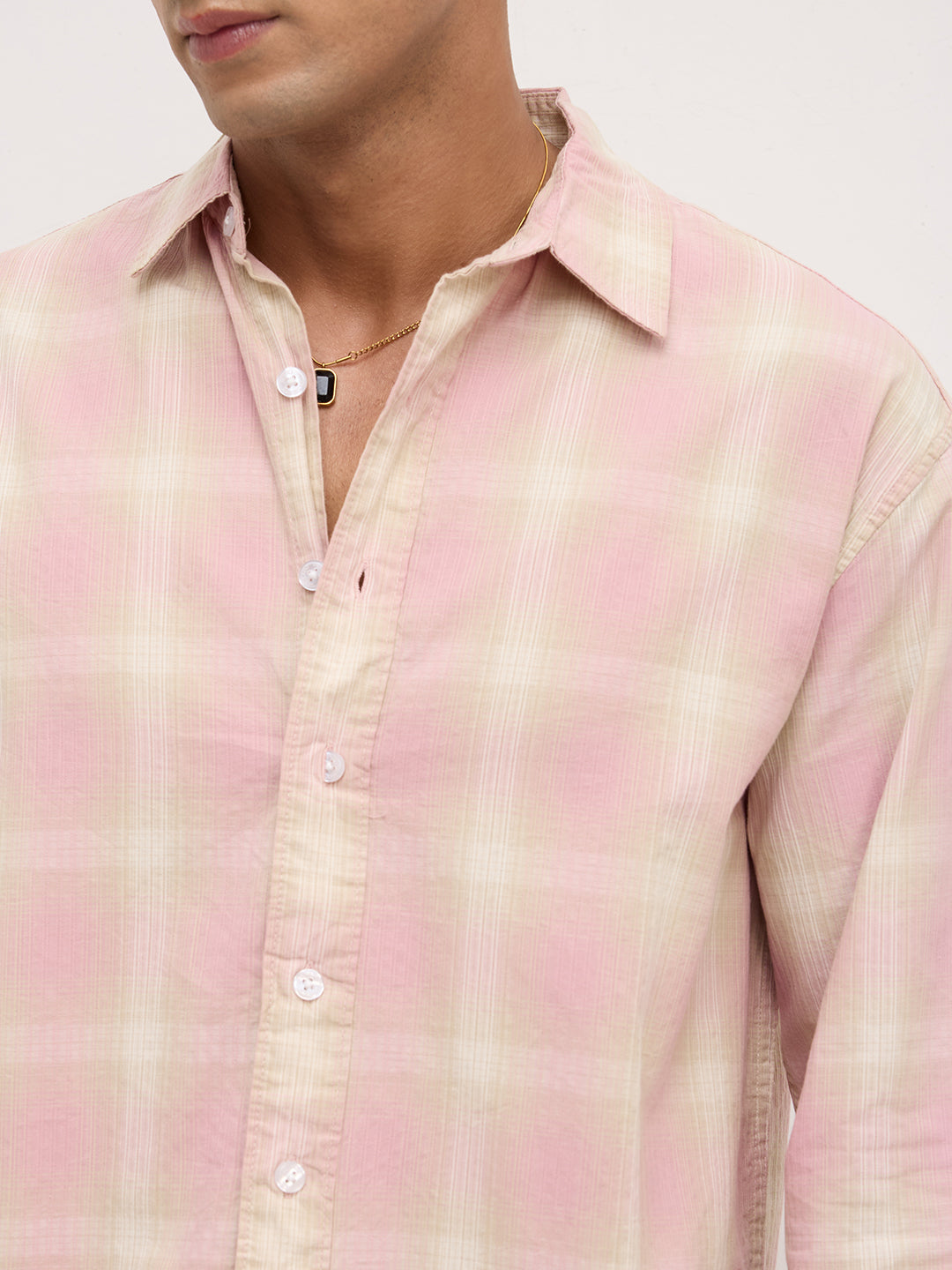 Blush Pink Block Checks Boxy Fit Crop Shirt