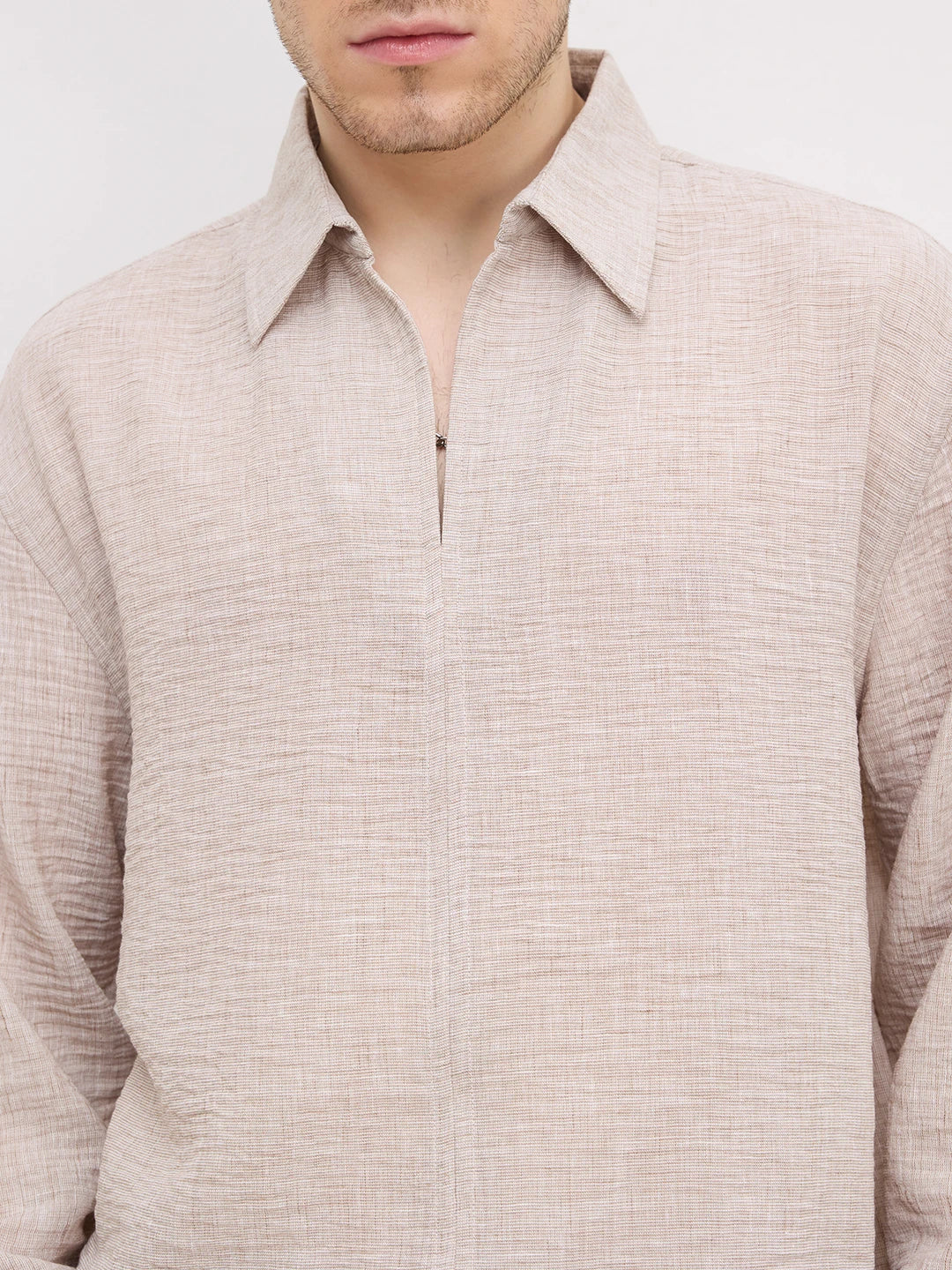Elegant Sand Beige Textured Oversized Polo Shirt