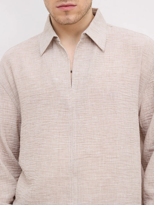 Elegant Sand Beige Textured Oversized Polo Shirt