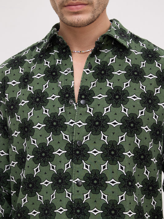 Emerald Green Floral Bloom Corduroy Shirt