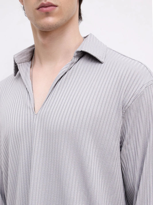 Ash Grey Dual Weave Striped Oversized Polo Knit Shirt